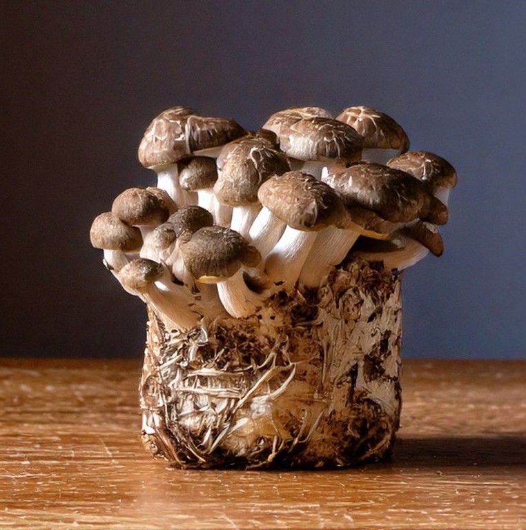 Substrát shiitake se vzrostlými plodnicemi